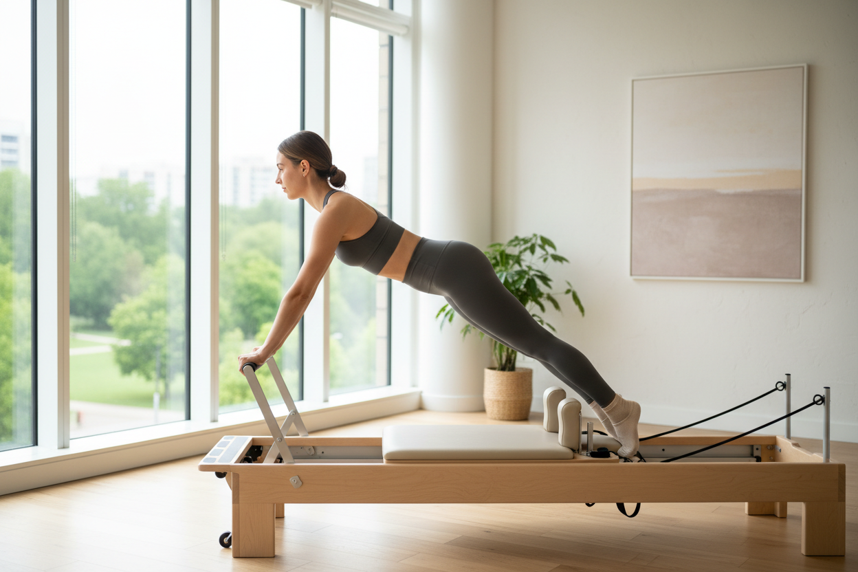 Can you show a woman using pilates board
