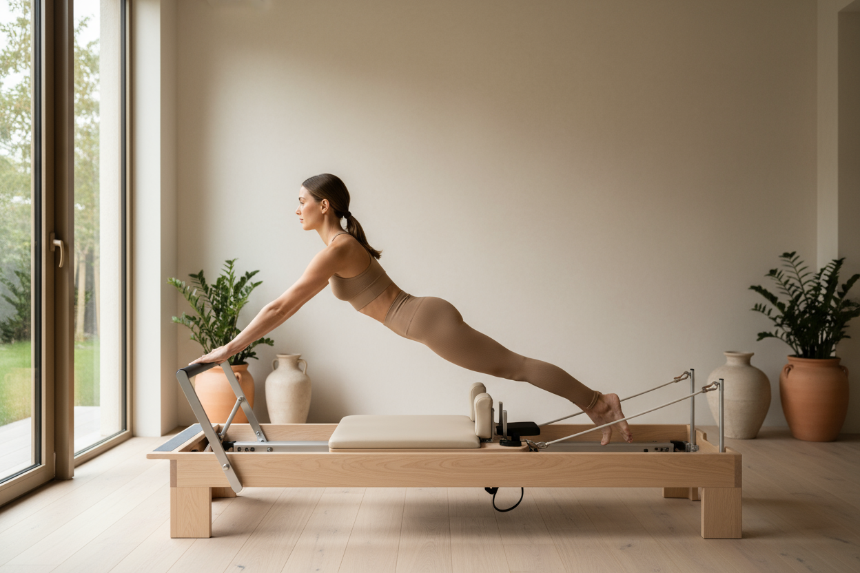 Create an image of a woman using pilates board with tan colo